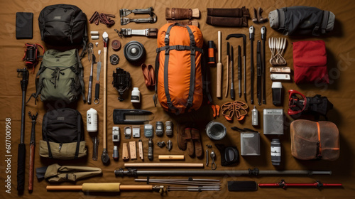 Gear Display: Knolling Photography Capturing the Essence of Camping. Generative AI