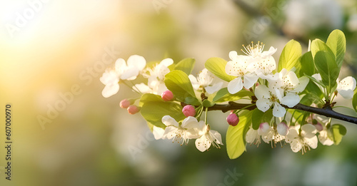 Tree branch of an apple tree with white flowers and green leaves through which the sun shines. Banner with blurred background. Generative AI
