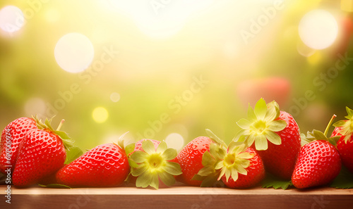 Strawberries on wooden surface with green blurred background, sunlight, copy space and bokeh. Generative AI