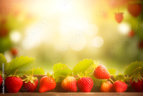 Strawberries on wooden surface with green blurred background, sunlight, copy space and bokeh. Generative AI