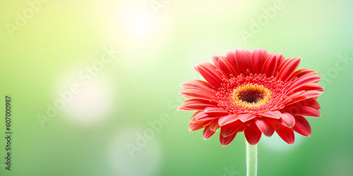 Red gerbera on green background with bokeh. Banner with copy space for text. Generative AI