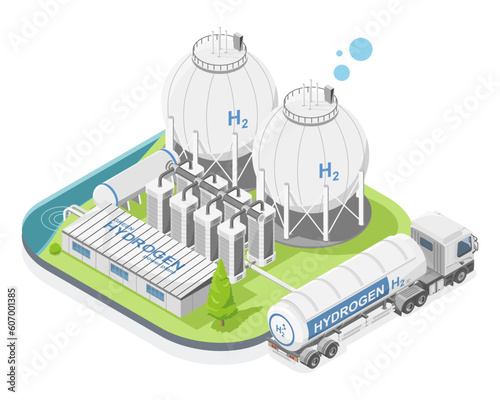 Green hydrogen H2 future energy factory power plant transportation to city concept semi trailer gas tank refill isometric cartoon isolated symbols vector 