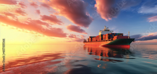 Container ship in the open ocean. Cargo transportation. Place for text. Horizontal banner. 