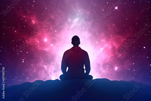 a man meditating under a galaxy sky