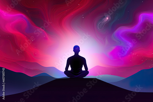 a man meditating under a galaxy sky