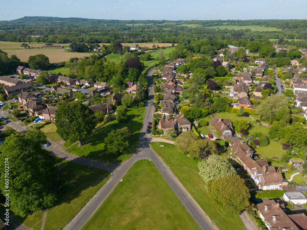 Aerial view of Shamley Green village, Surrey UK on a sunny May morning