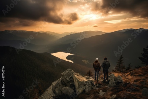 Couple mountain lake sunset. Generate Ai