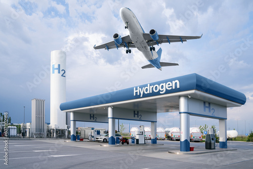 Fuel cell car at the hydrogen filling station and airplane in the sky. Clean mobility concept 