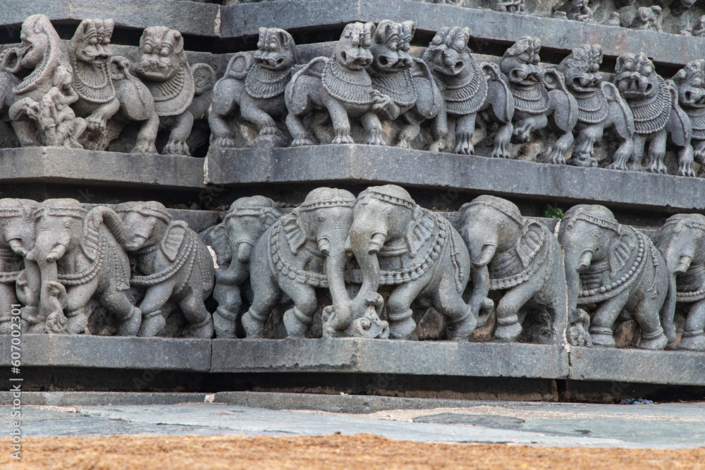 Sculptures created by Hosysala dynasty in 12 Century at Belur Temple in Karnataka India Sculptures created by Hosysala dynasty in 12 Century at Belur Temple in Karnataka India
