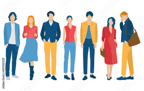  Set of young men and women, different colors, cartoon character, group of silhouettes of standing business people, students, the design concept of flat icon, isolated on white background
