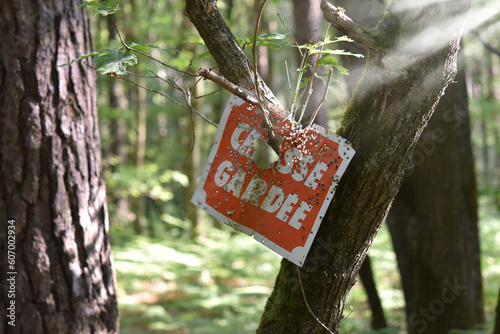 Panneau Chasse Gardée dans la forêt, accrochée sur un arbre et criblée de plombs