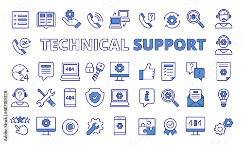 Set of Technical support icons in line design blue. Computer support,Tech support, IT helpdesk, Hardware repair. Technical support vector illustrations. icons isolated on while background vector