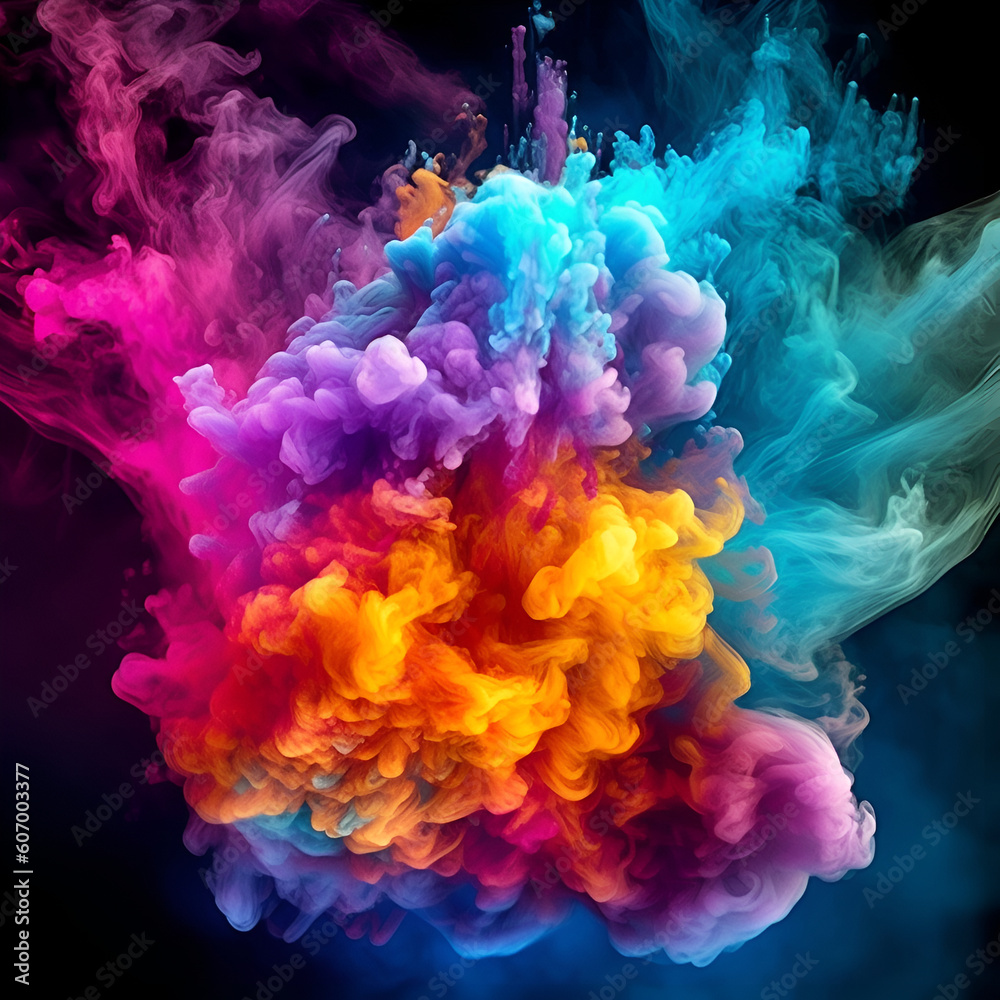 Creative explosion of colors from neon smoke lights, multicolored on a black background.