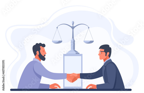 Illustration concept for concluding a contract, insurance, business negotiations, services of a lawyer, lawyer, notary, insurance agent. Two men shake hands to make a deal on the background of scales.