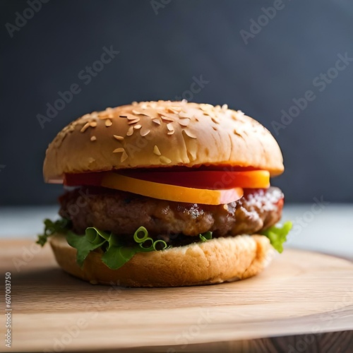This image showcases a mouthwatering burger with a juicy beef patty, fresh toppings, and a toasted sesame bun. The presentation is appealing and captures the burger's delicious details. ai generated