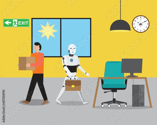 A vector of artificial intelligence robot replacing human in office. Artificial intelligence robot at work concept.