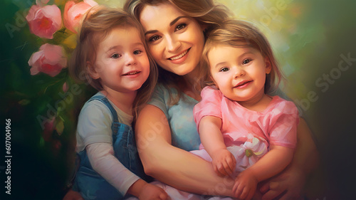 Painted image of a young mother holding her kids, parenthood, mother's day © HelgaQ