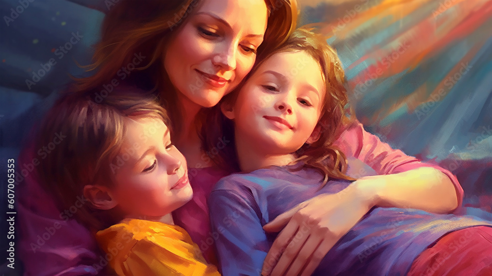 Painted image of a young mother holding her kids, parenthood, mother's day Painted image of a young mother holding her kids, parenthood, mother's day