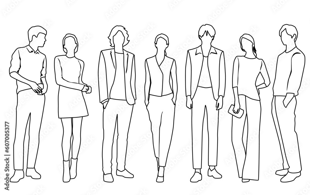 custom made wallpaper toronto digitalVector silhouettes of men and a women, a group of standing business people, linear sketch, black and white color isolated on white background