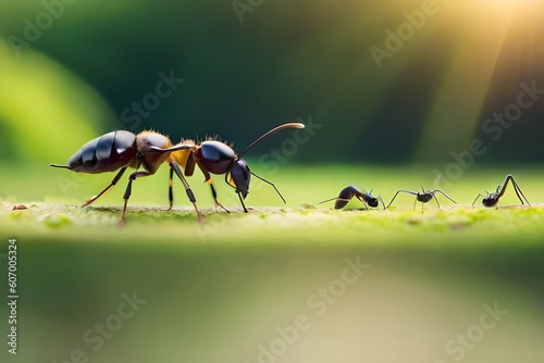 Black ants eating honey drop. Concept of teamwork or hardworking or unity. Generative AI © Royalty-Free