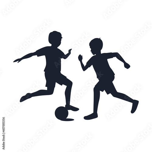 Black silhouette of children plying football isolated on transparent background