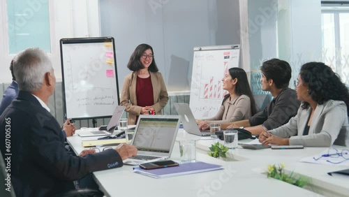 A Smiling young modern corporate Indian Asian woman or female entrepreneur giving a presentation appreciated or applauded by a diverse team of colleagues in a conference room meeting in a start-up off