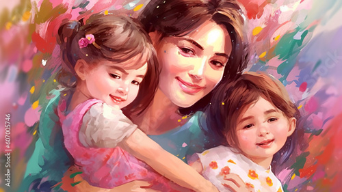 Painted image of a young mother holding her kids  mother s day