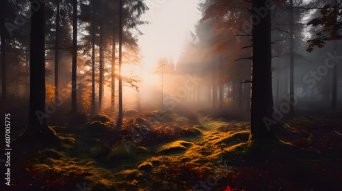 Tranquil Dawn in the Forest Generative AI