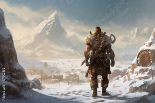 Viking strong man snow settlement. Generate Ai