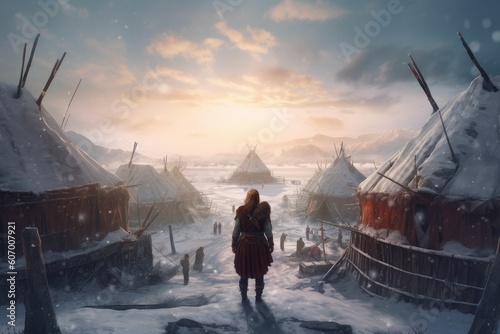 Viking old woman snow settlement. Generate Ai