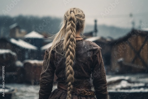 Viking woman long hair snow settlement. Generate Ai