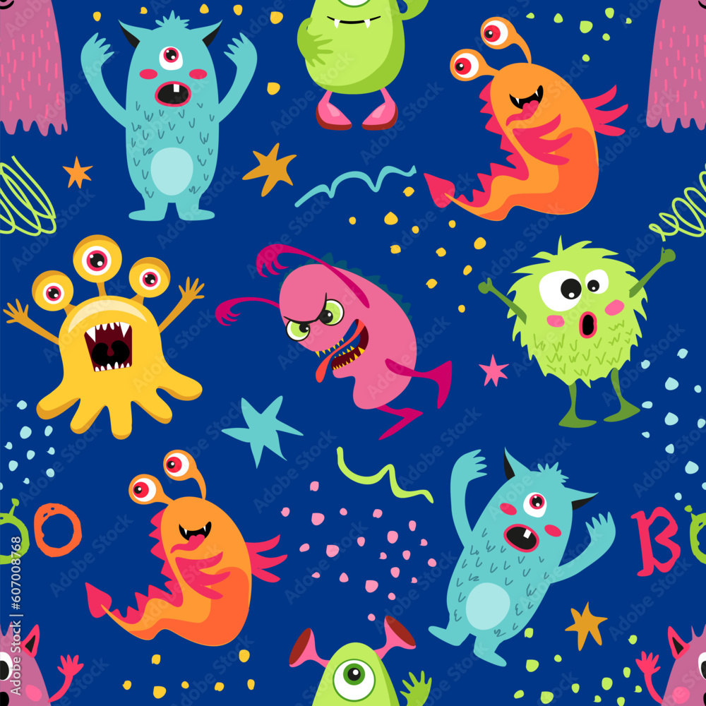 Fototapeta premium Seamless pattern with funny monsters. Cute cartoon creatures on dark background. Texture for kids apparel, fabric, textile, wrapping. Vector illustration