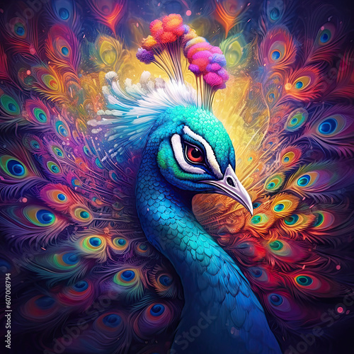 Colourful neon peacock. AI generated