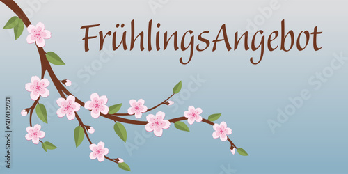 Frühlingsangebot - Schriftzug in deutscher Sprache. Verkaufsbanner mit einem Kirschblütenzweig.