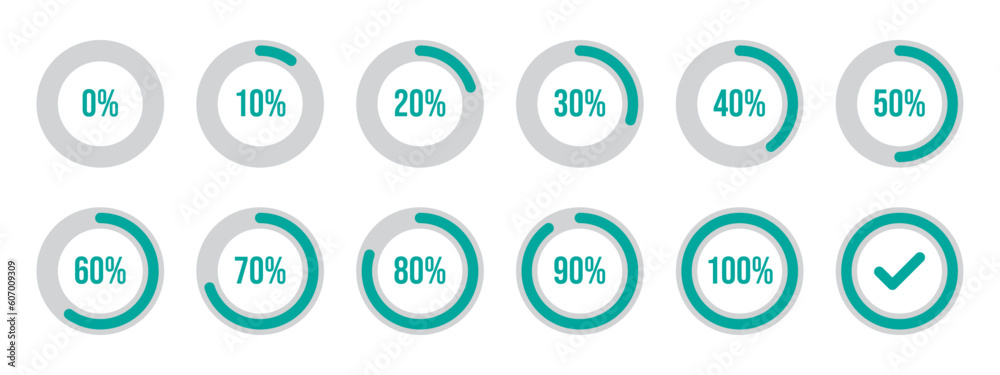 Circle loading and circle progress collection. Set of circle percentage diagrams for infographics, 0 10 20 30 40 50 60 70 80 90 100 percent. Infographic circles in dark green color. Circle loading and circle progress collection. Set of circle percentage diagrams for infographics, 0 10 20 30 40 50 60 70 80 90 100 percent. Infographic circles in dark green color.