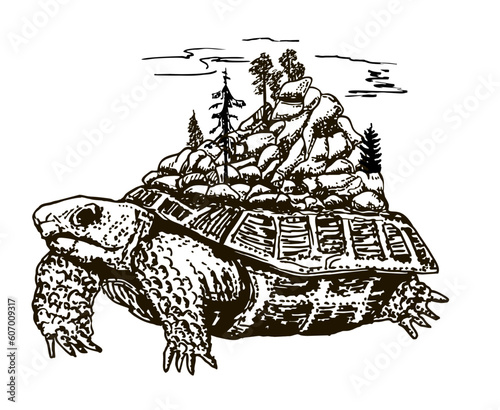 Typography with turtle illustration. Turtle in tattoo style. Travel to the mountains concept. Isolated vector illustration. Ideal for coloring page, shirt design effect, logo, tattoo and decoration