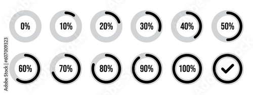 Circle loading and circle progress collection. Set of circle percentage diagrams for infographics, 0 10 20 30 40 50 60 70 80 90 100 percent. Infographic circles in black and grey color.