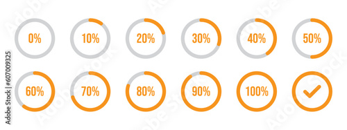 Circle loading and circle progress collection. Set of circle percentage diagrams for infographics, 0 10 20 30 40 50 60 70 80 90 100 percent. Infographic circles in orange and grey color.