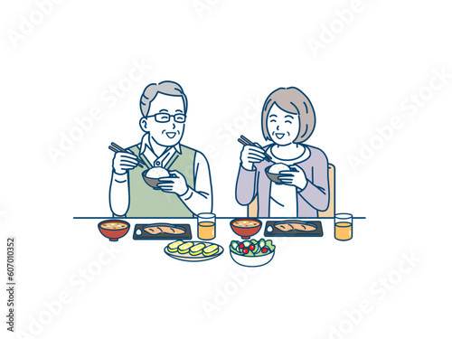 一緒に食事をする老夫婦のイラスト