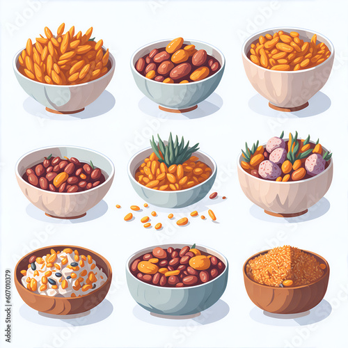 Dried cereals and legumes, seed, mung bean, soy bean in wooden cup isolated over white, clipart, graphic design