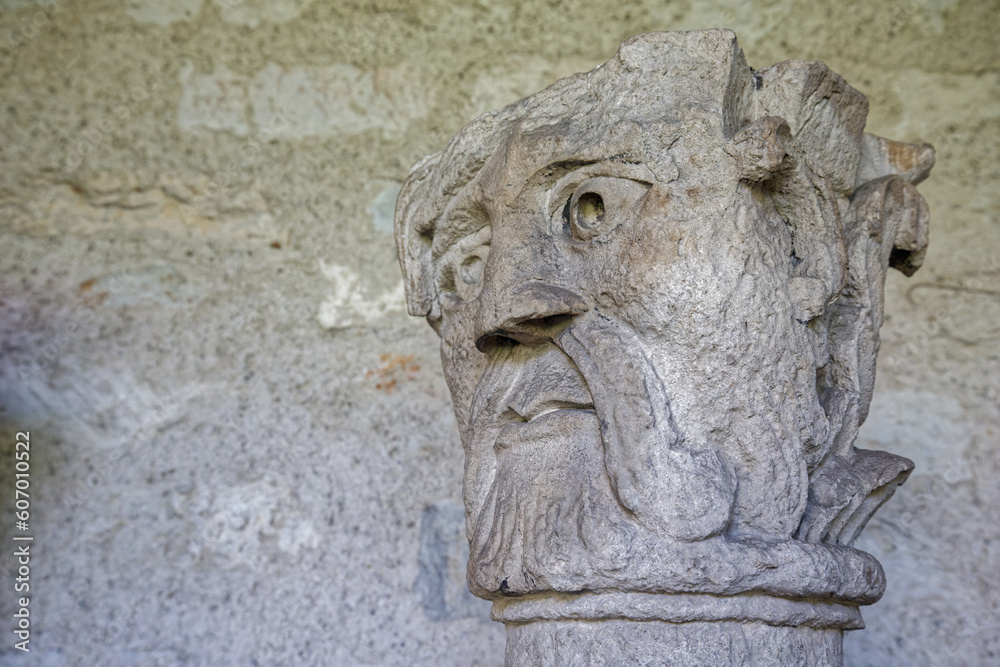 VIENNE, FRANCE, May 26, 2023 : Architectural detail of remainings in cloister of Saint-Andre-le-Bas. Cloister and chapel are all taht remains of ancient abbey.