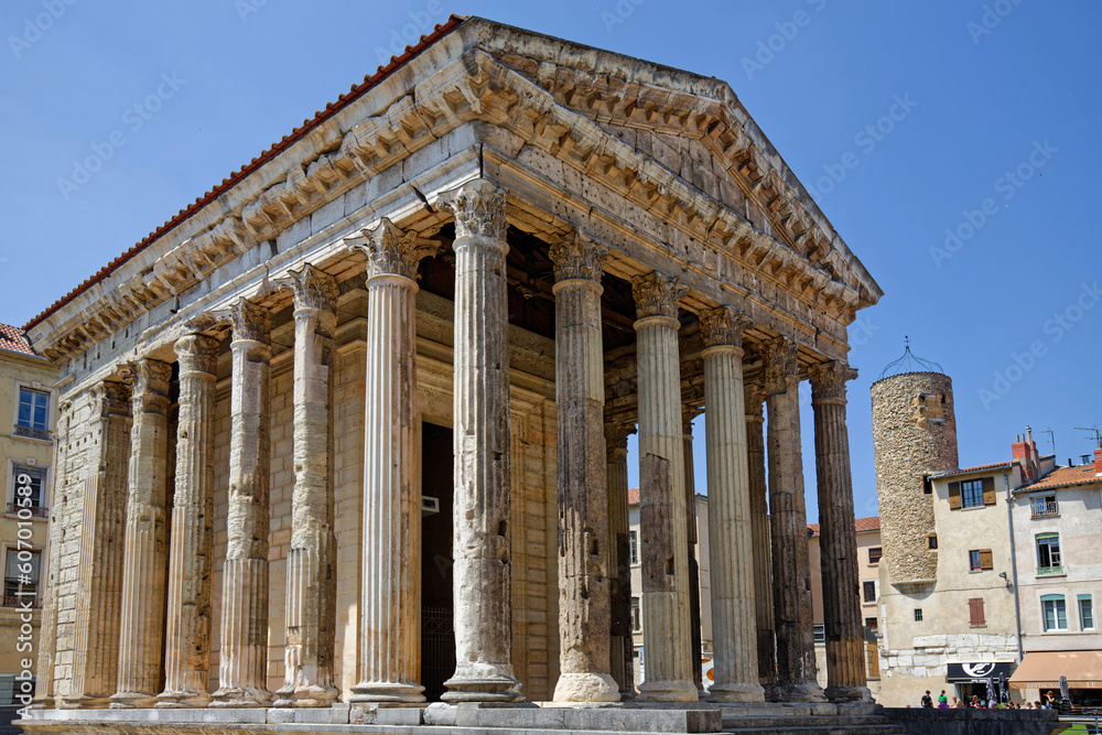 VIENNE, FRANCE, May 26, 2023 The Temple of Augustus and Livia is a Roman peripteral hexastyle