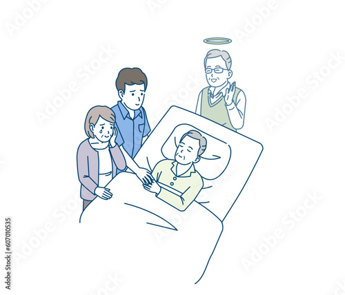 家族に看取られ老衰する年配の男性