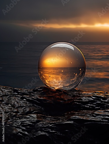 Glass globe on a beach  sunrise in the water  reflection of landscape  ocean sunrise with sphere. Generative AI.