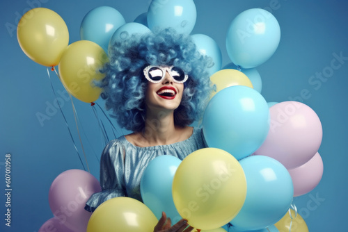 Young Beautiful Birthday Girl With Balloons And In Blue Wig On Copy Space. Concept of Fun and Party. Generative AI © VK Studio