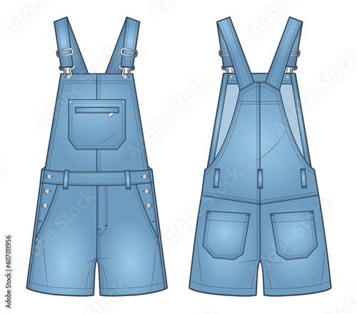  Denim Overalls fashion design. Short Dungarees, Jumpsuit technical fashion illustration, pockets, relaxed fit, front and back view, blue, women, men, unisex CAD mockup.