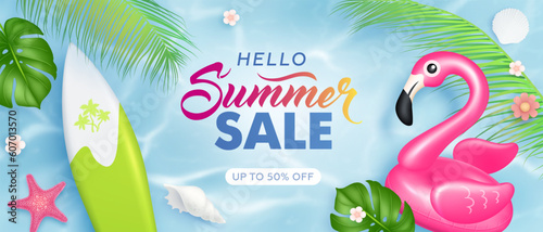 Hello summer horizontal sale background with realistic top view sea, surfboard, flamingo, palm leaves and flowers. Summer sale banner. Vector illustration