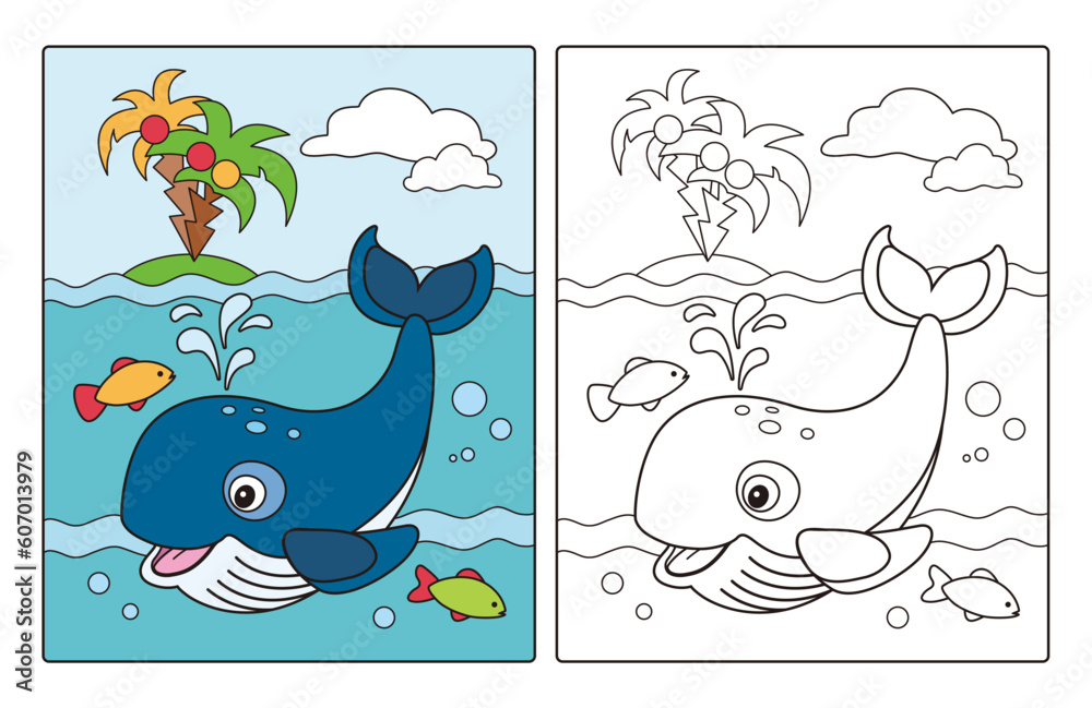 Naklejka premium Coloring page with cute cartoon whale and fishes. Coloring book with line black and white illustration and colorful example for kids.