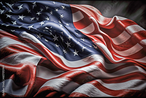 Waving USA flag illustration. Realistic wrinkles, patriotism,  Fictional model and place. Made with Generative AI