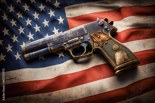 USA flag with wrinkles and fictional vintage-style gun. Gun control issue, social problem, firearms regulation concept. Made with Generative AI